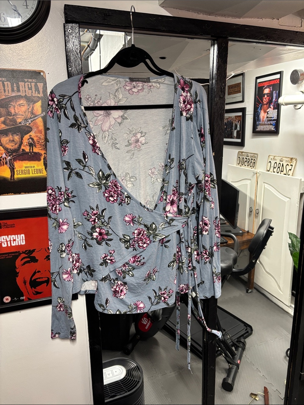 Suzy Shier Light Blue Floral Wrap Crop Top with Pink Flowers